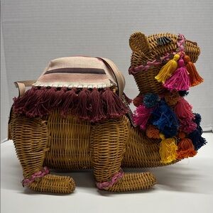 Kate Spade Camel Novelty Wicker Purse Bag Pom Pom Stripes Multicolor 3D Rare